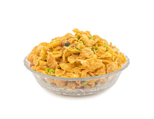 Indian Deep Fried Salty Dish Namkeen Called Namkin, Nimco, Chivda, Mixture or Farsan made of gram flour and mixed with dry fruits isolated on white background