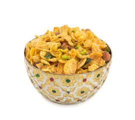 Indian Deep Fried Salty Dish Namkeen Called Namkin, Nimco, Chivda, Mixture or Farsan made of gram flour and mixed with dry fruits isolated on white background