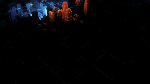 3d render of abstract city block with passing scanning lights. Technology digital concept.