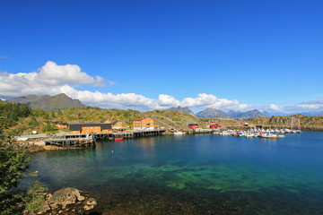 Beautiful Stamsund village with colorful houses and fishing harbor, Lofoten Islands, Norway, Scandinavia, Europe