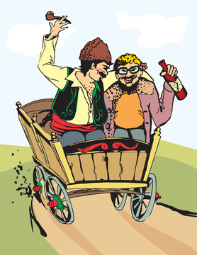 Cartoon illustration of two happy friends traveling with a horse wagon and drinking wine.