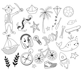 Set of vector outline boys  design elements isolated on white background.