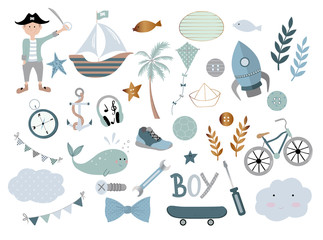 Collection of vector boys  design elements isolated on white background.