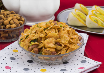 Indian Deep Fried Salty Dish Namkeen Called Namkin, Nimco, Chivda, Mixture or Farsan made of gram flour and mixed with dry fruits