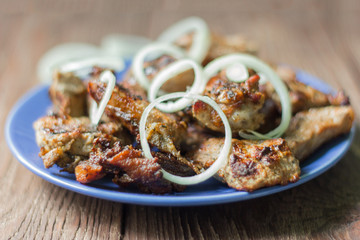 kebab, juicy fried pieces of meat with onion on wooden background