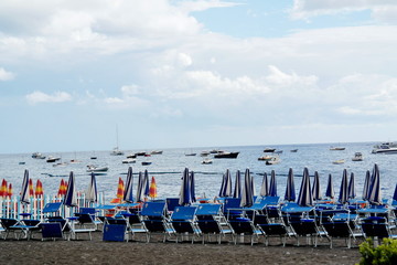 Abandoned beach for rain. Positano, south of ıtaly, Amalfi coast. Mediterranean Sea.