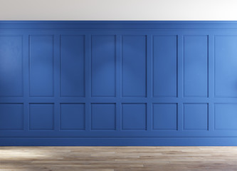 Classic empty room with blue wall and wooden floor. 3d illustration