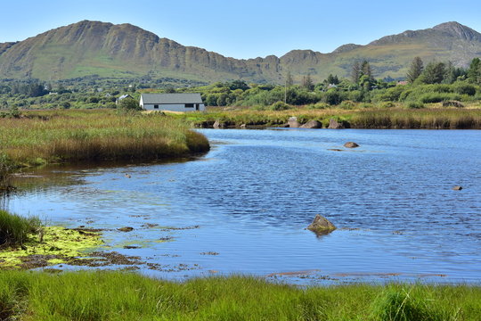 Banks of River Sneem covered with reeds with hills in background close to Kenmare Bay.