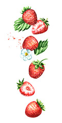 Falling Red ripe berries strawberry, vertical composition