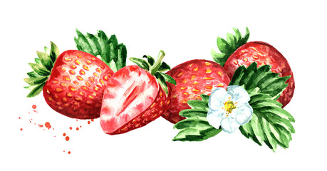 Red berries strawberry horizontal composition. Watercolor hand drawn illustration  isolated on white background