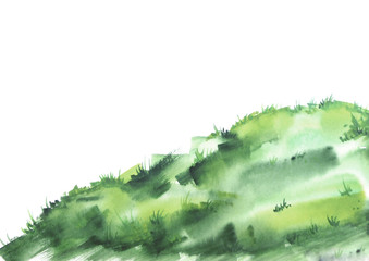 Green grass, lawn, field with watercolor. On white isolated background. Beautiful vintage pattern for your design. Green scenic slope, watercolor landscape, silhouette.