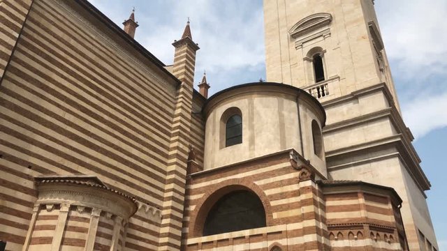 Verona Cathedral.  It is a Roman Catholic cathedral in Verona, northern Italy, dedicated to the Blessed Virgin Mary under the designation Santa Maria Matricolare
