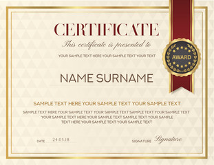 Certificate with abstract background. Design template with abstract pattern (geometric triangle shapes) red ribbon emblem. Background useful for Diploma, business education award