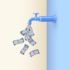A faucet on the wall is dripping open money dollar bills instead of water. Passive income concept. Flat vector illustration on blue background.