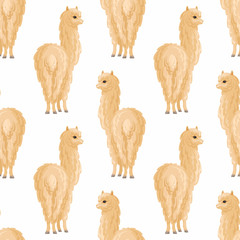 Fototapeta premium Seamless pattern with the image of cute alpaca in cartoon style. Colorful vector background