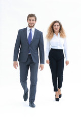 two successful employee confidently go forward