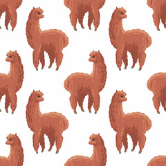Seamless pattern with the image of cute alpaca in cartoon style. Colorful vector background