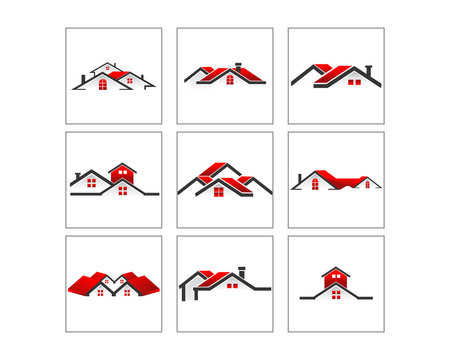 red housing house home real estate residence property vector icon logo set