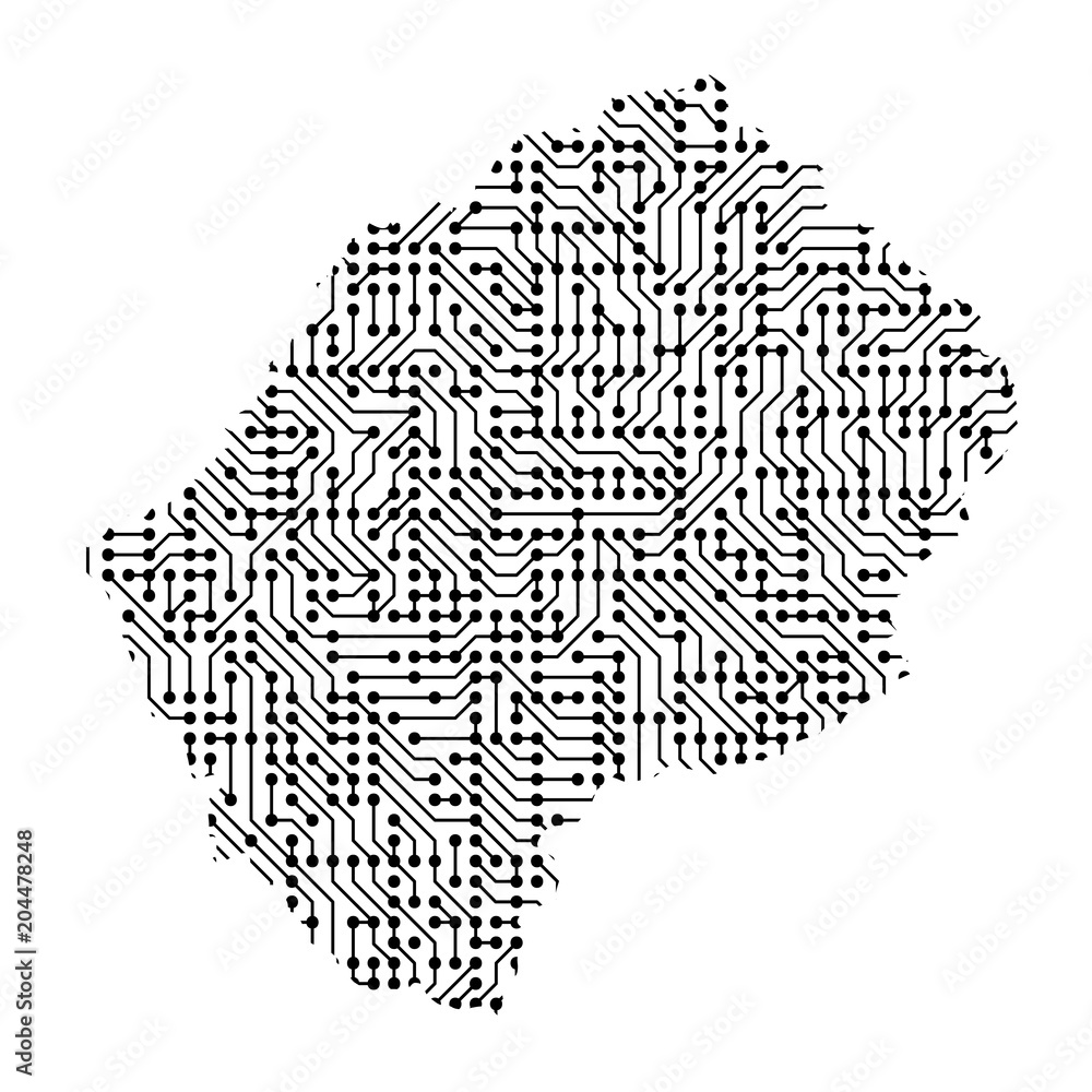 Poster abstract schematic map of lesotho from the black printed board, chip and radio component. computer e