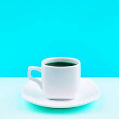 Minimal concept of white coffee cup on vivid background with copy space, stylish set, isolated