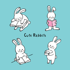 Cartoon cute white rabbit reading book vector.