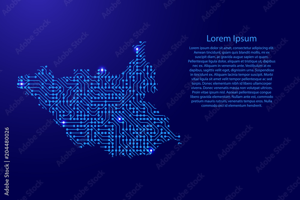 Fototapete map south sudan from printed board, chip and radio component with blue star space on the contour for