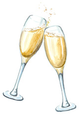 Zwei Gläser Champagner beim Toasten. Gezeichnete Illustration des Aquarells Hand lokalisiert auf weißem Hintergrund