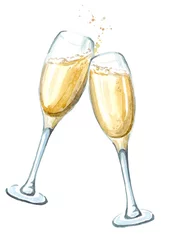 Foto op Plexiglas Alcohol Twee glazen champagne bij het roosteren. Aquarel hand getekende illustratie geïsoleerd op een witte achtergrond