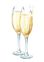 Two glasses of champagne. Watercolor hand drawn illustration  isolated on white background
