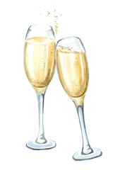 Two glasses of champagne. Watercolor hand drawn illustration,  isolated on white background