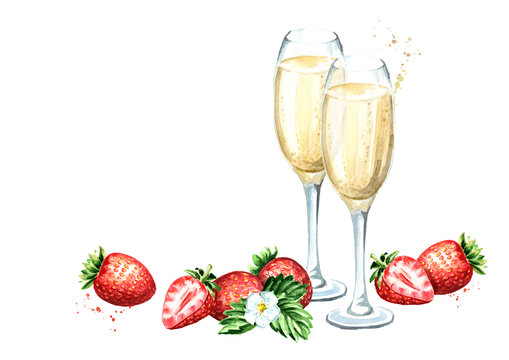 Two glasses of champagne and fresh strawberry template. Watercolor hand drawn illustration  isolated on white background