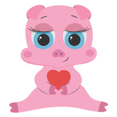 Cute beautiful pink pig with a heart on a white background
