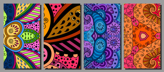 Set of decorative zentangle multicolor business card with ornament. Vector corporate identity template for greeting cards, wedding invitations, printing, business cards, posters, form blanks, papers.