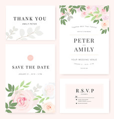 Vector template set. Wedding invitation, rsvp, thank you, save the date card design with elegant rose pink garden. 