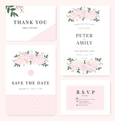 Vector template set. Wedding invitation, rsvp, thank you, save the date card design with elegant rose pink garden. 