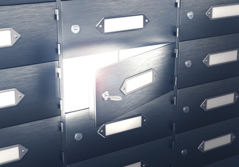 Safes with an open one safe cell. Light from the bank cell. 3d illustration
