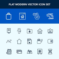 Modern, simple vector icon set with notebook, business, gift, shopping, lamp, property, table, real, safety, bottle, queen, home, bulb, people, pump, supermarket, present, air, royal, sky, light icons