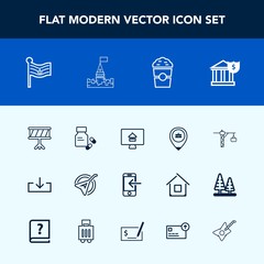 Modern, simple vector icon set with job, sign, saw, estate, bank, america, health, music, instrument, medical, hammer, drum, cafe, business, technology, location, internet, nation, pharmacy, cup icons