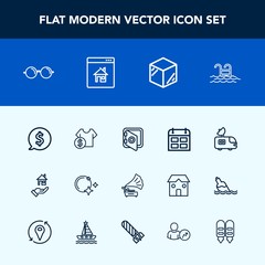 Modern, simple vector icon set with van, summer, schedule, security, circle, glasses, night, tag, cost, gramophone, vintage, eyeglasses, television, water, estate, price, blue, property, shop icons