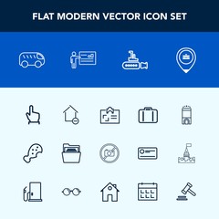 Modern, simple vector icon set with job, paper, card, luggage, chicken, sign, file, bus, hotel, highway, baggage, meal, ocean, button, room, home, apartment, travel, sea, airport, hand, finger icons