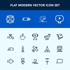Modern, simple vector icon set with fashion, investment, hat, winner, location, bank, map, navigation, coin, marketing, luggage, aircraft, water, craft, cap, technology, business, media, road icons