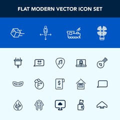 Modern, simple vector icon set with seamark, train, smile, internet, travel, communication, call, celebration, folk, package, shipping, delivery, lighthouse, music, plug, sign, fahrenheit, chat icons
