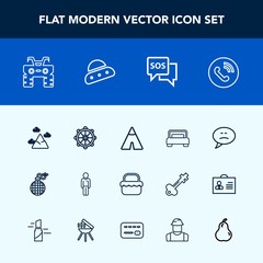Modern, simple vector icon set with camp, extreme, help, furniture, explosion, fire, male, mountain, picnic, wheel, ring, message, quad, blue, atv, phone, circle, travel, ship, boy, bomb, tent icons
