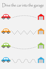 Drive cars to garages, handwriting practice sheet, kids preschool activity, educational children game, printable worksheet, writing training, vector illustration