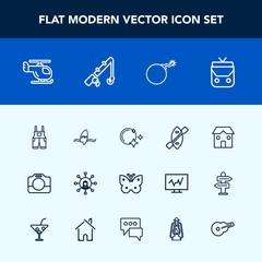 Modern, simple vector icon set with display, ocean, paddle, fashion, nature, fly, moon, transportation, building, uniform, surfer, construction, helicopter, water, falling, white, equipment, sky icons