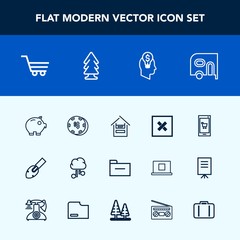 Modern, simple vector icon set with trolley, communication, car, game, technology, finance, retail, cash, van, casino, folder, gambling, sign, bank, internet, food, luck, risk, equipment, shovel icons