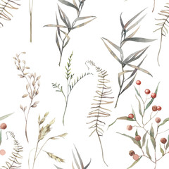 Akwarela suchych ziół wzór. Ręcznie malowane tekstury z elementami botanicznymi: rośliny, trawa, jagody, paproć, liście. Naturalne powtarzające się tło - 204485293