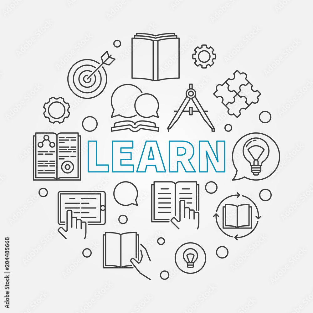 Poster learn vector round illustration in thin line style