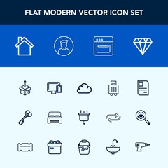 Modern, simple vector icon set with baggage, box, electricity, sign, technology, plug, luggage, house, personal, key, bag, unpacking, furniture, identity, credit, electric, jewelry, airport, gem icons
