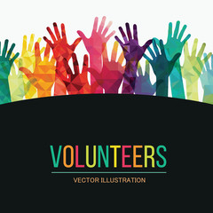 Colorful up hands. Volunteers. Vector illustration, an association, unity, partners, company, friendship, friends party background. Vector illustration - 204485608